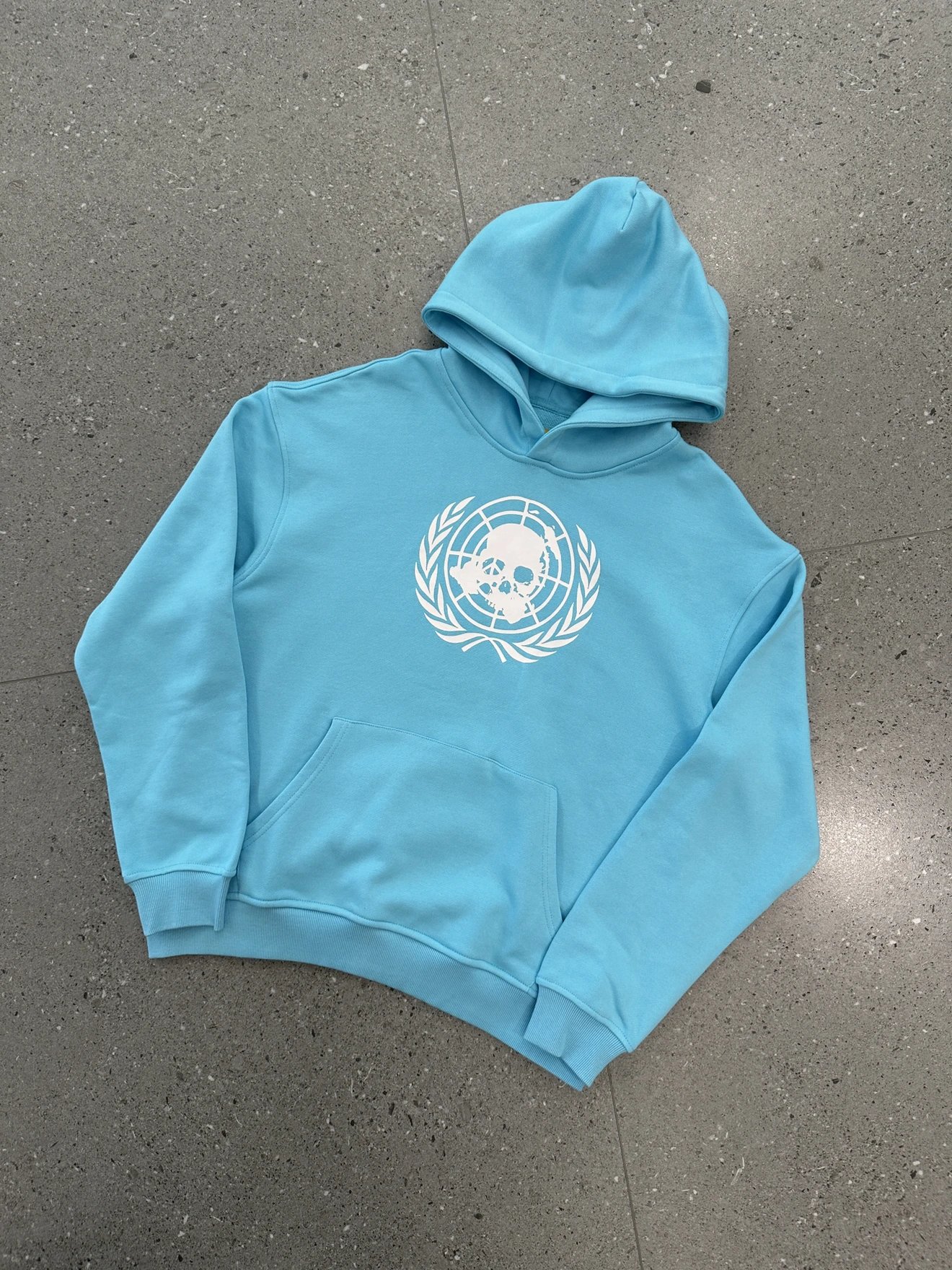 Sky Blue Hooded Sweatshirt With White Skull Globe Graphic Casual Pullover