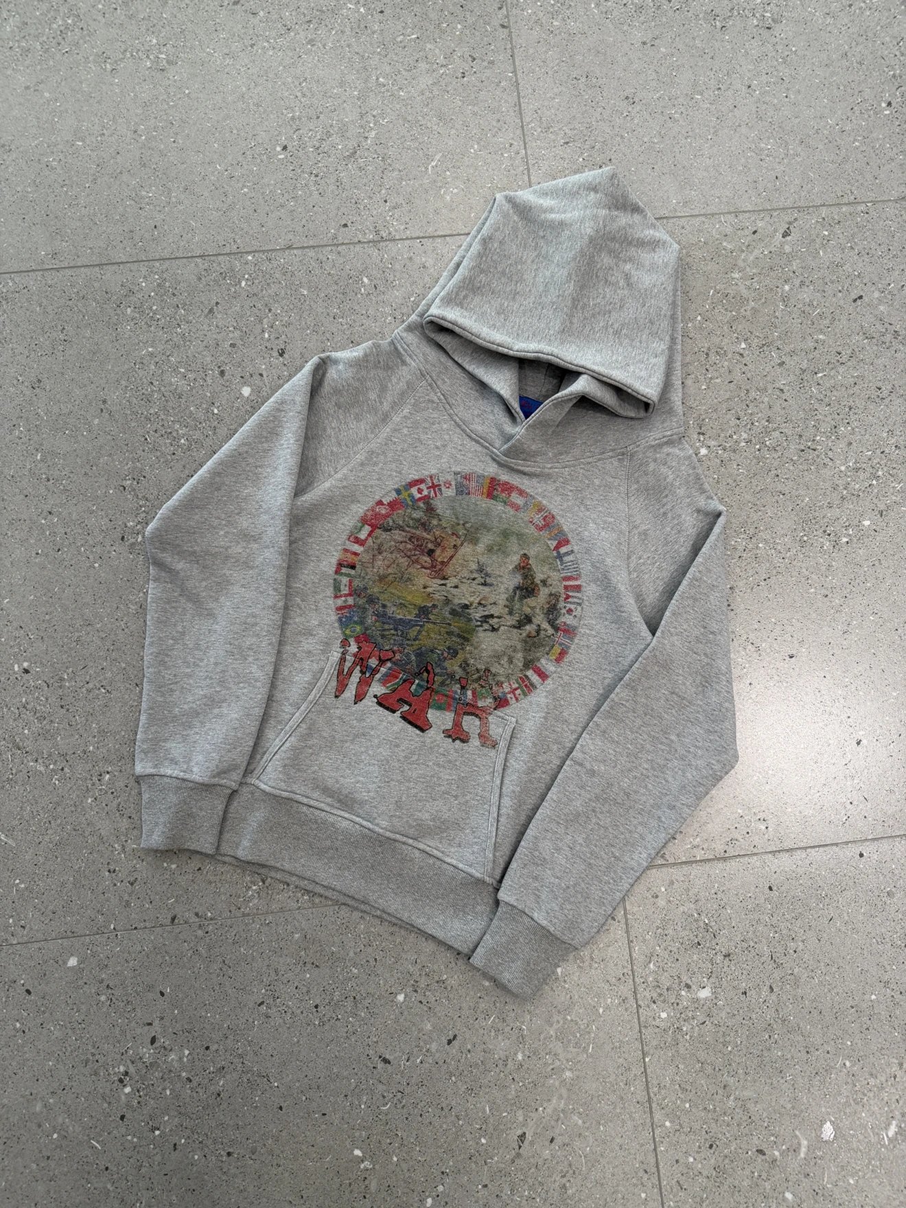 Gray Hooded Sweatshirt With Circular Flag Graphic And Red Lettering Streetwear