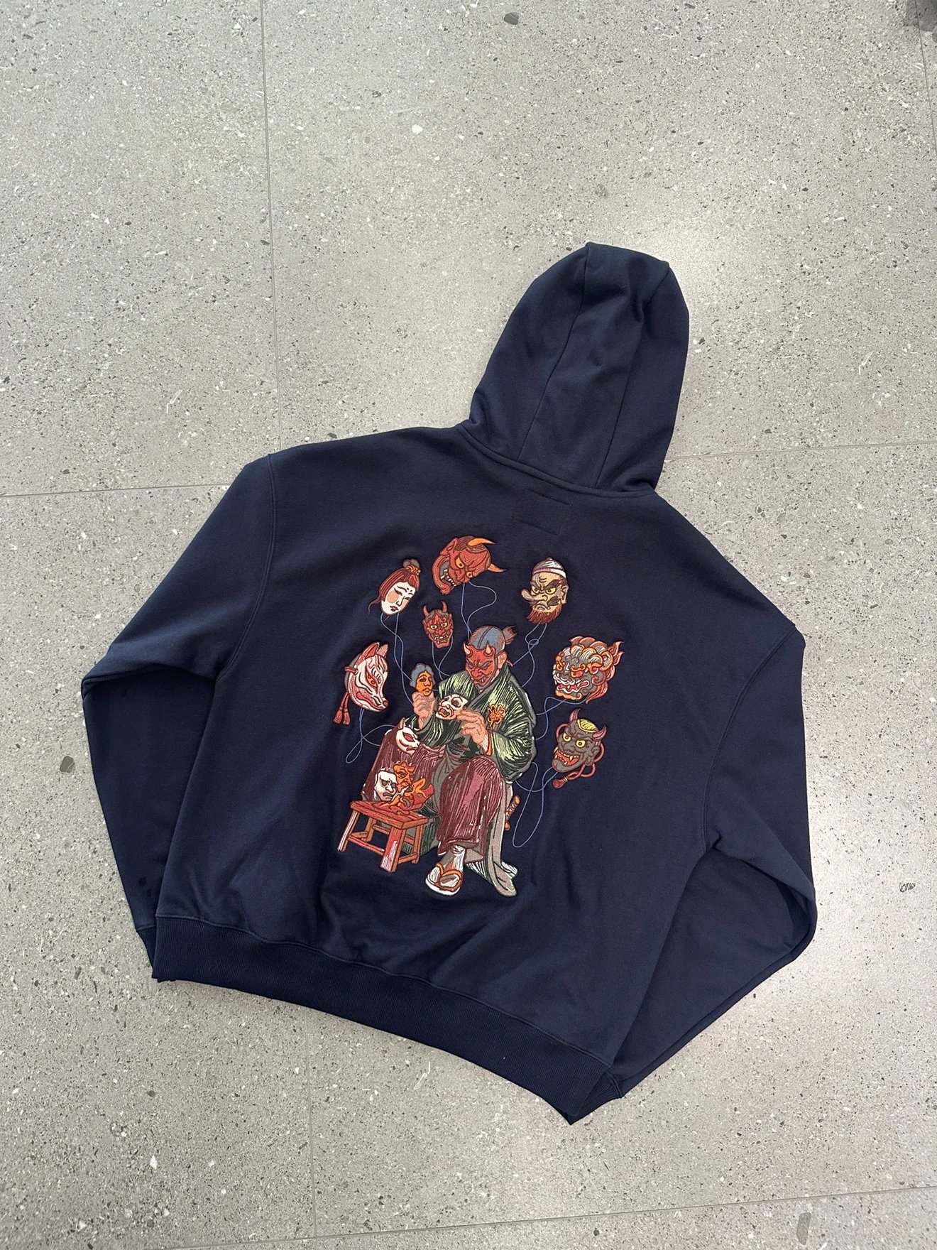 Navy Blue Japanese Oni Mask Embroidered Hooded Sweatshirt