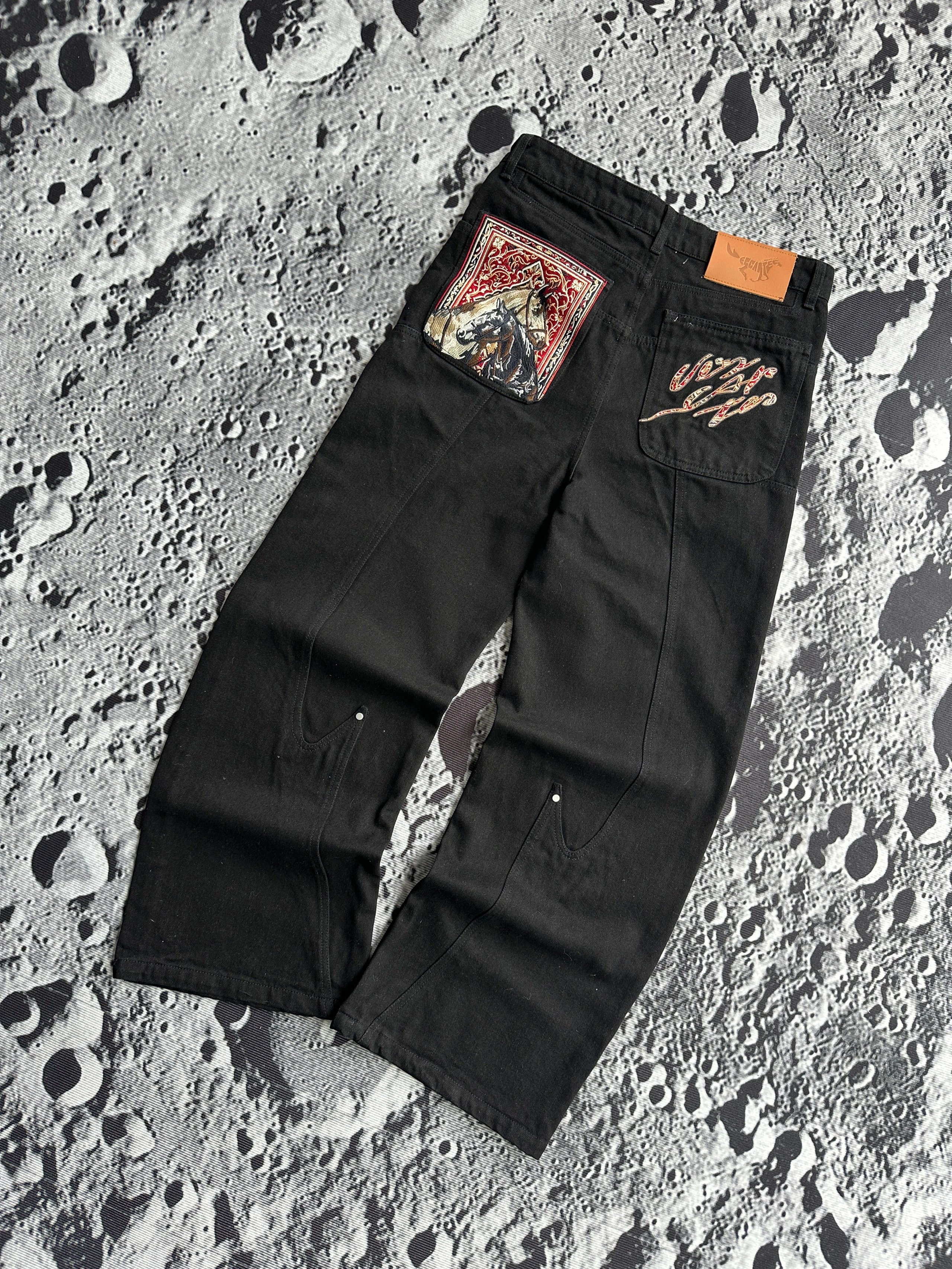 Autry Horse Tapestry Patch Black Denim Pants Jeans - 2