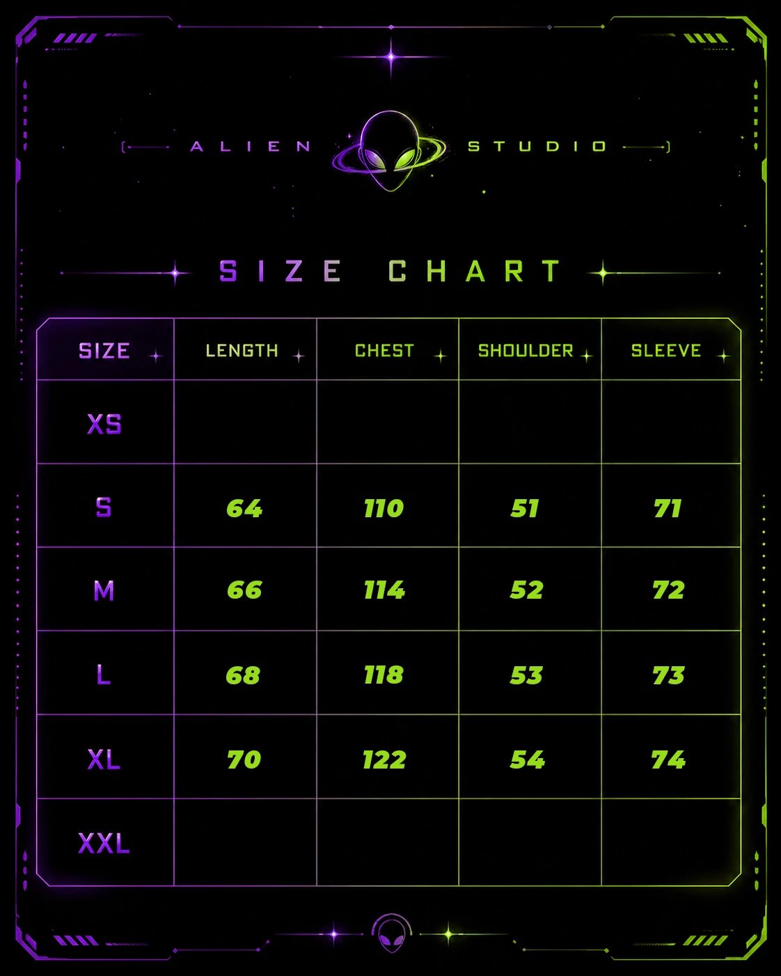 Alien Studio Size Chart Neon Green Purple Futuristic Graphic