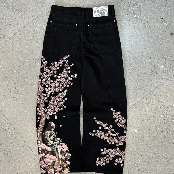 Versace x Custom Embroidered Cherry Blossom Knight Jeans Black - 1
