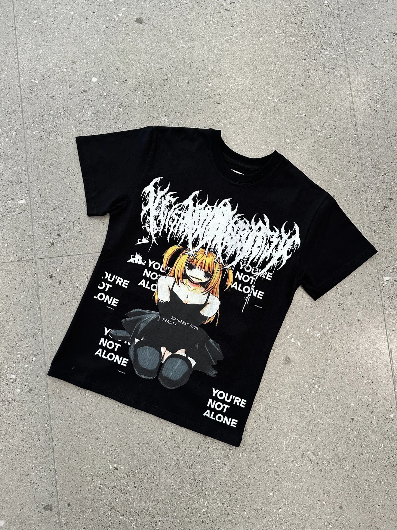 Black Graphic Anime Print T-Shirt With Distressed Typography And Gothic Illustration