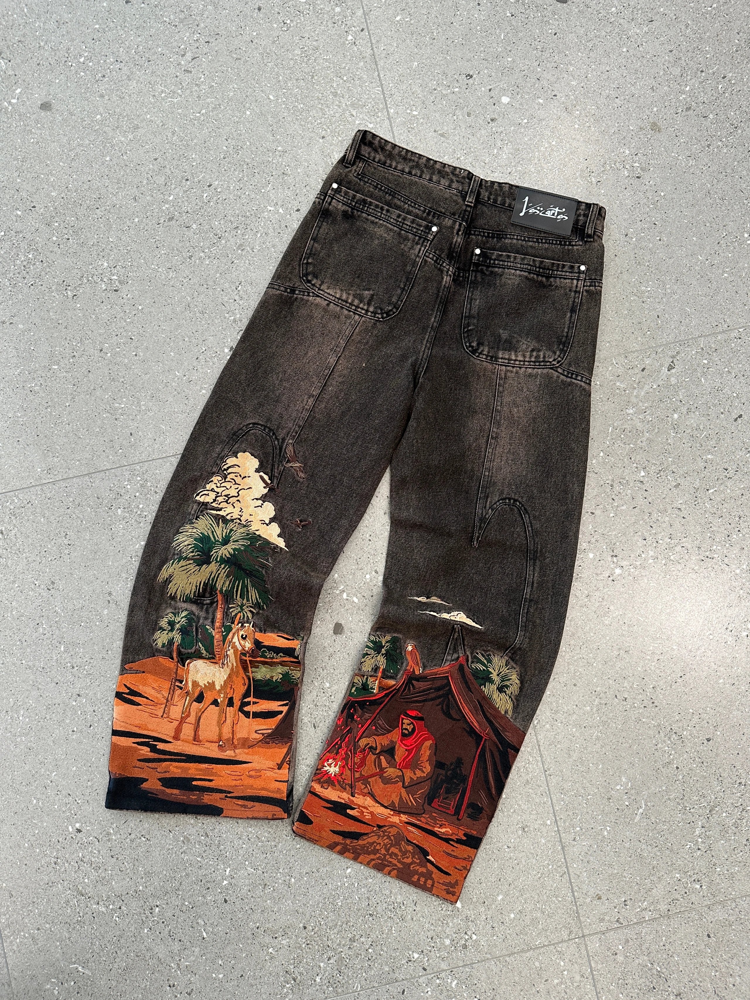 Yohji Yamamoto Desert Scene Black Embroidered Wide-Leg Jeans