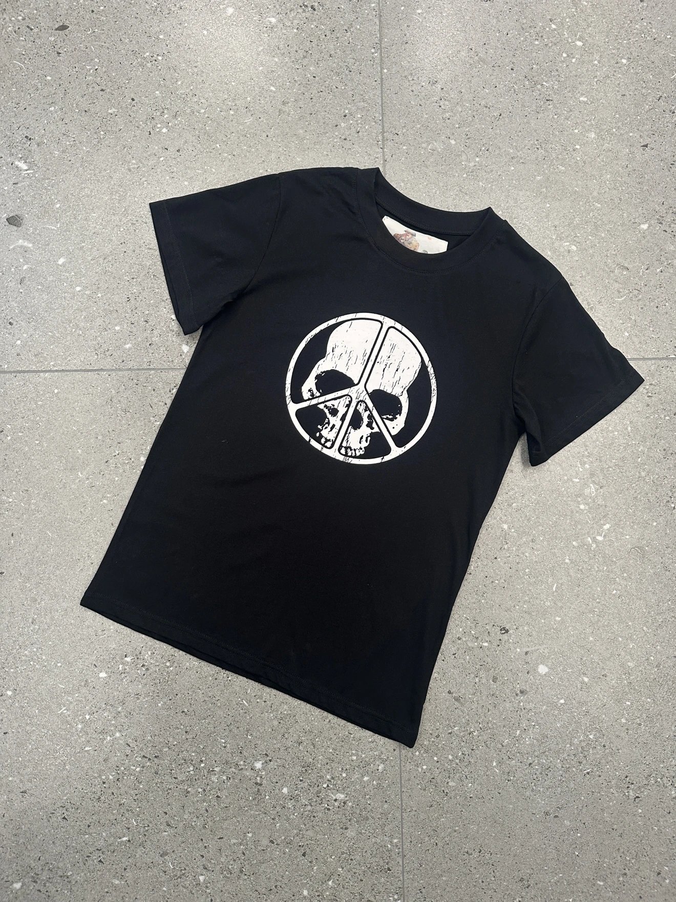Black Cotton T-Shirt White Skull Peace Sign Graphic Tee