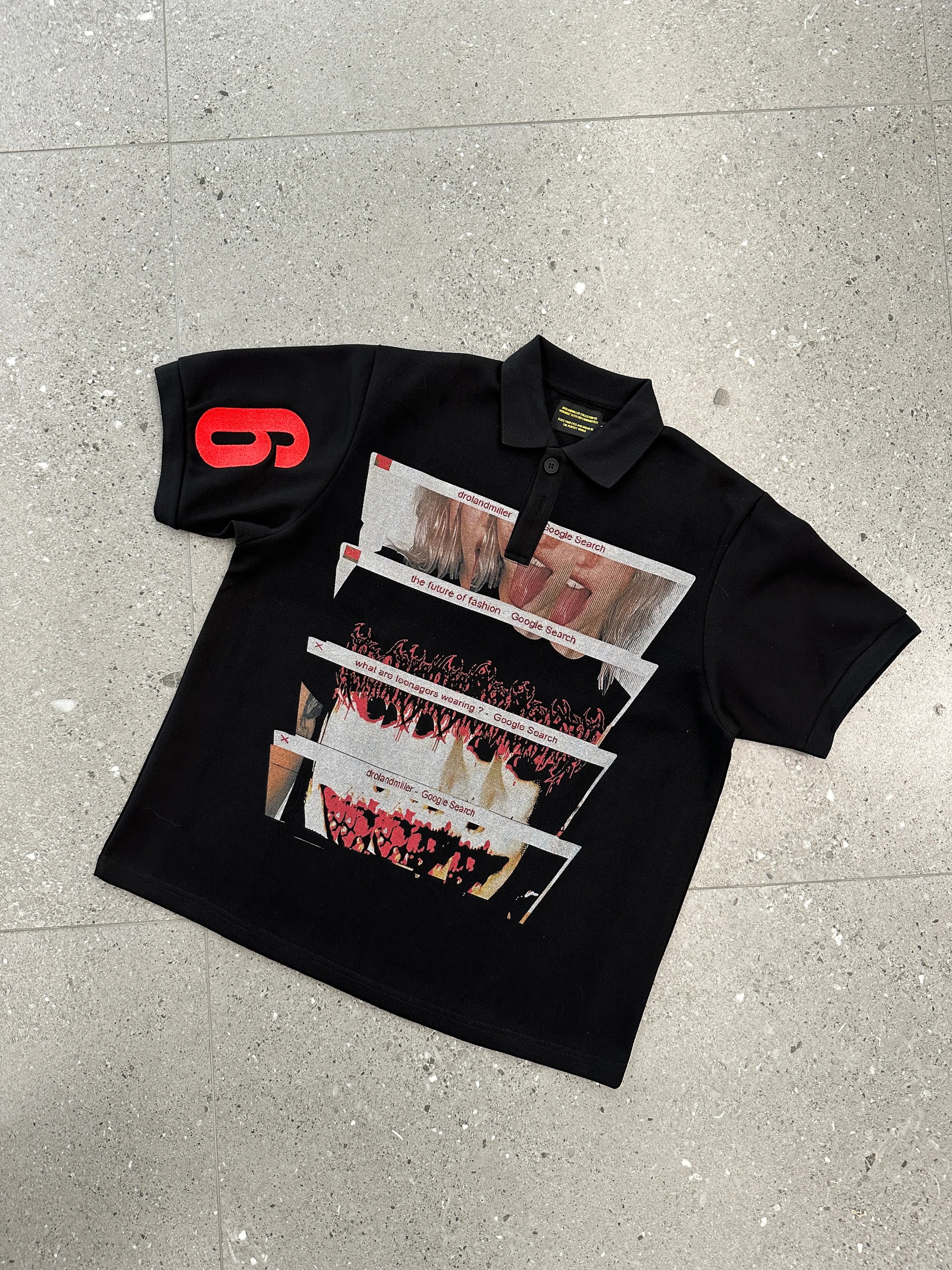 Drolandmiller Graphic Print Black Oversized Polo Shirt