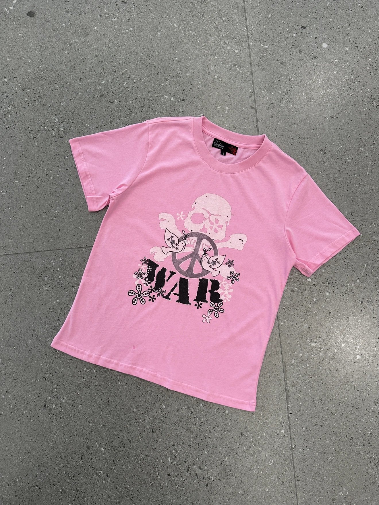 Pink Graphic Tee Skull Peace Sign Floral Print Casual T-Shirt
