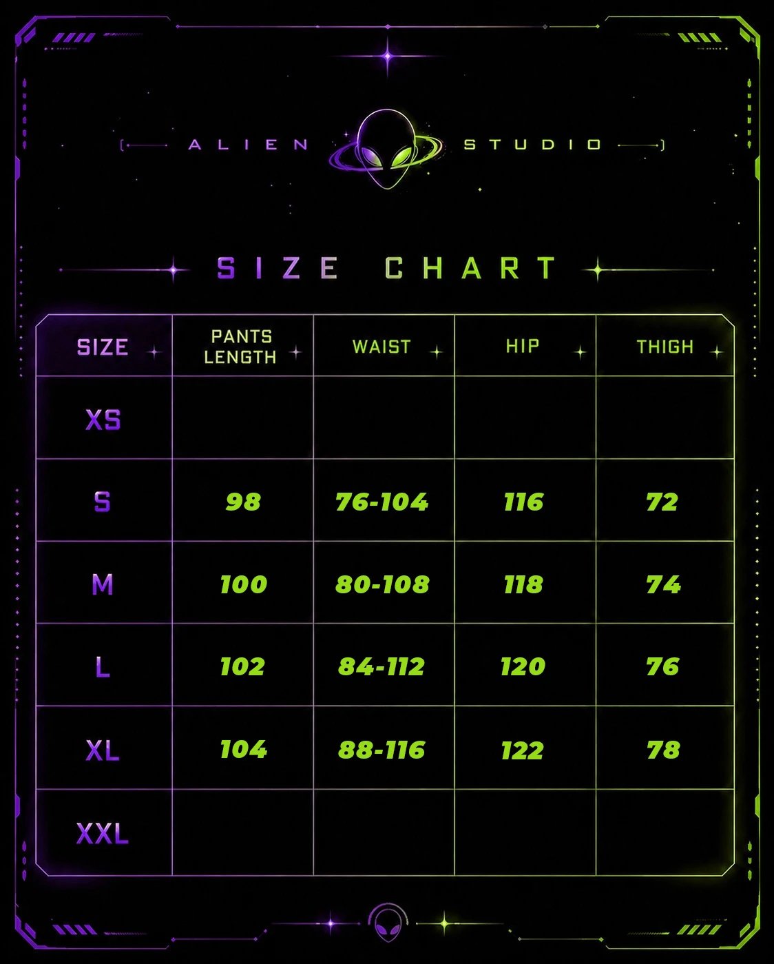 Alien Studio Size Chart Neon Cyberpunk Graphic Poster