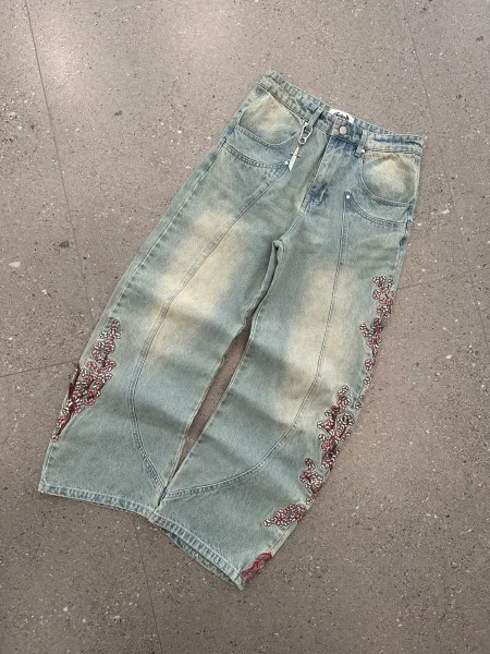 Versace x Custom Embroidered Cherry Blossom Knight Jeans Black - 2