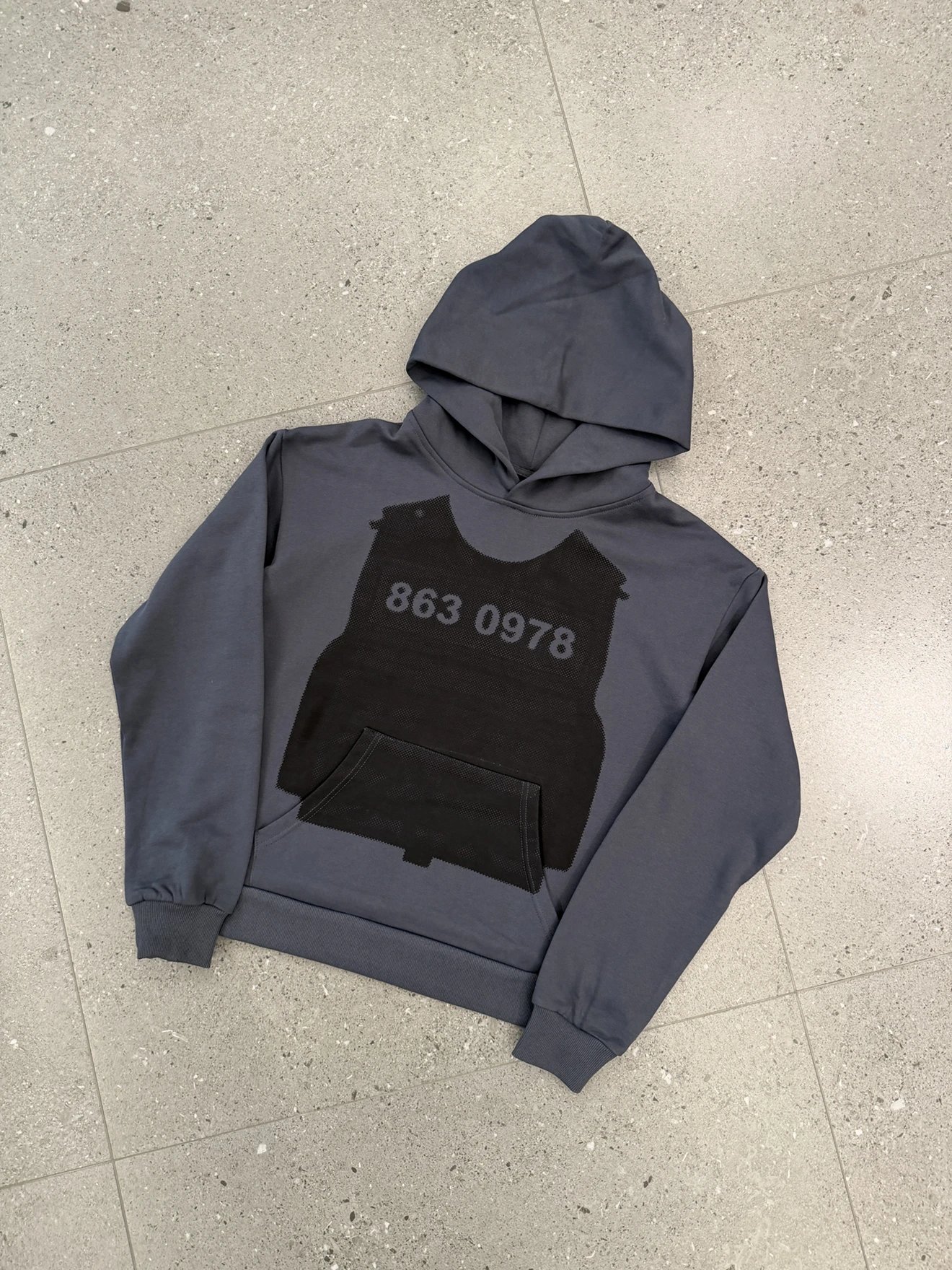 Graphic Hooded Sweatshirt Dark Gray Tactical Vest Print Streetwear