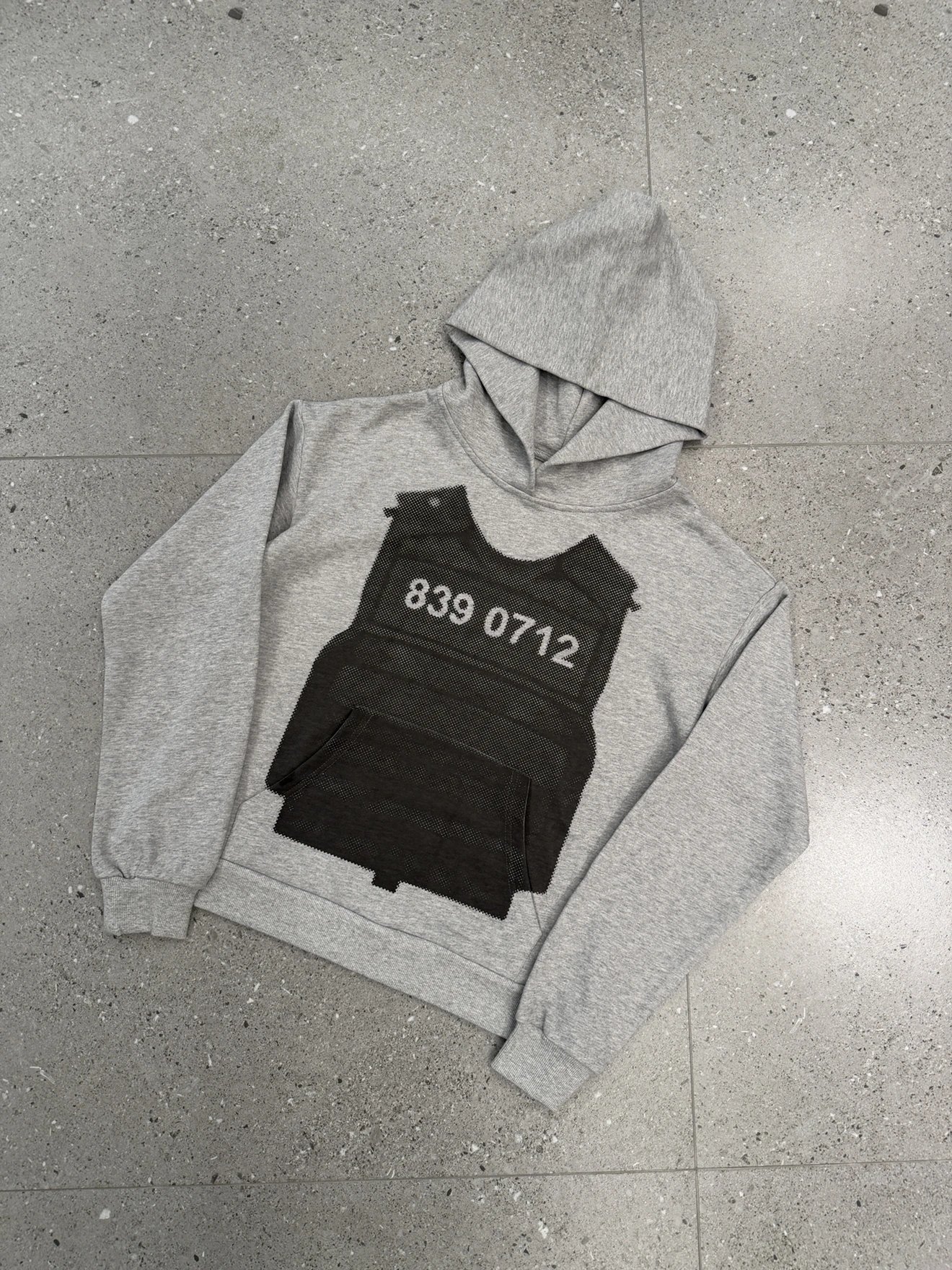 Grey Hooded Sweatshirt With Black Tactical Vest Print Streetwear