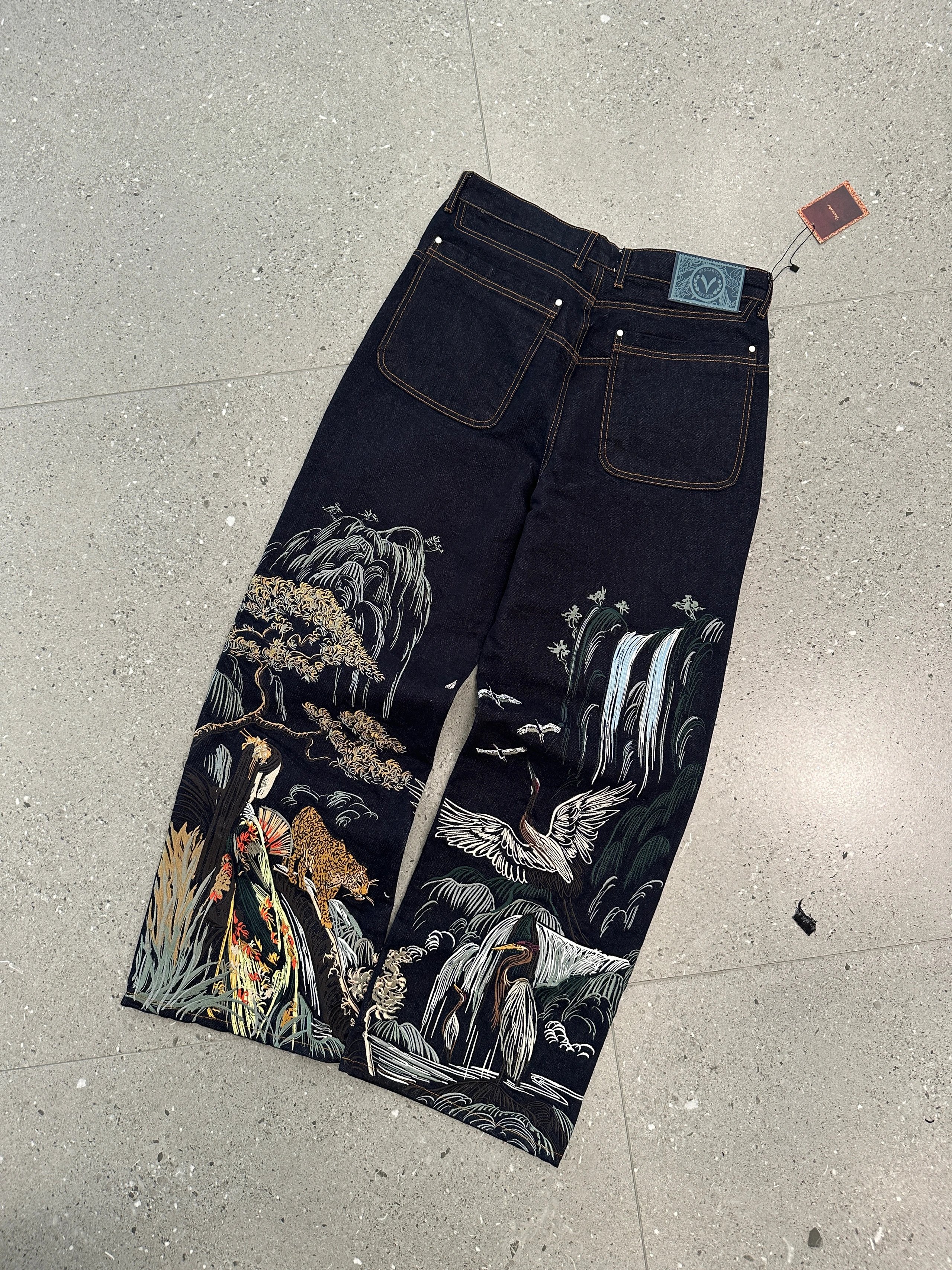 Indigo Denim Wide Leg Jeans Black Japanese Ukiyo E Print Trousers