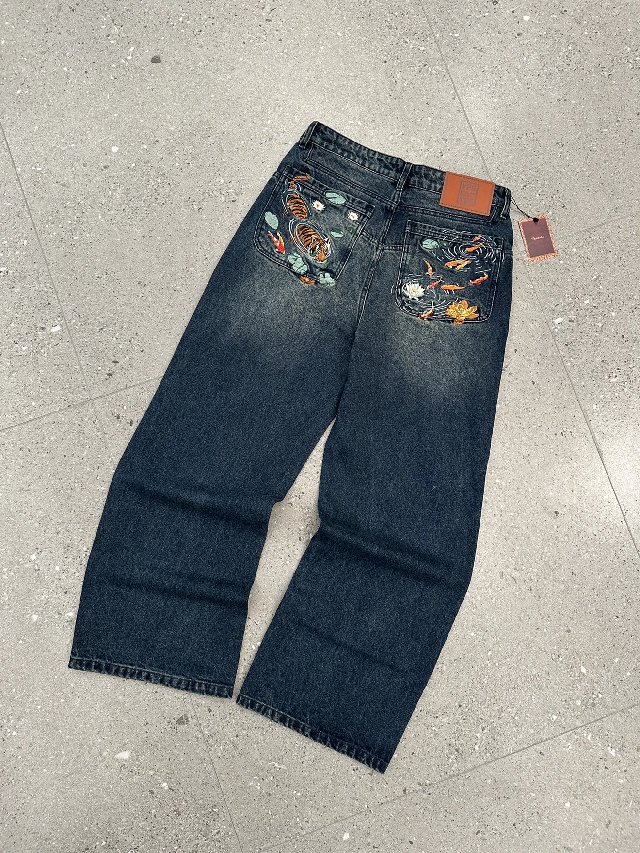 Embroidered Denim Jeans Dark Wash Wide Leg Trousers