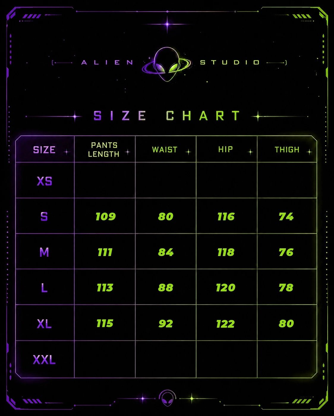 Alien Studio Size Chart Black Futuristic Graphic