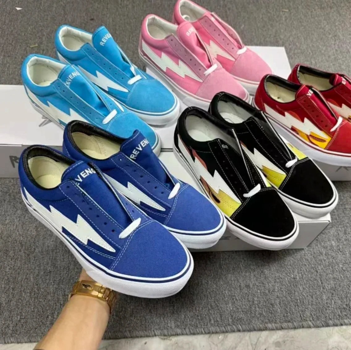 Revenge Slip-On Sneakers in Royal Blue, Sky Blue, Pink, Black, and Red Skateboard Shoes