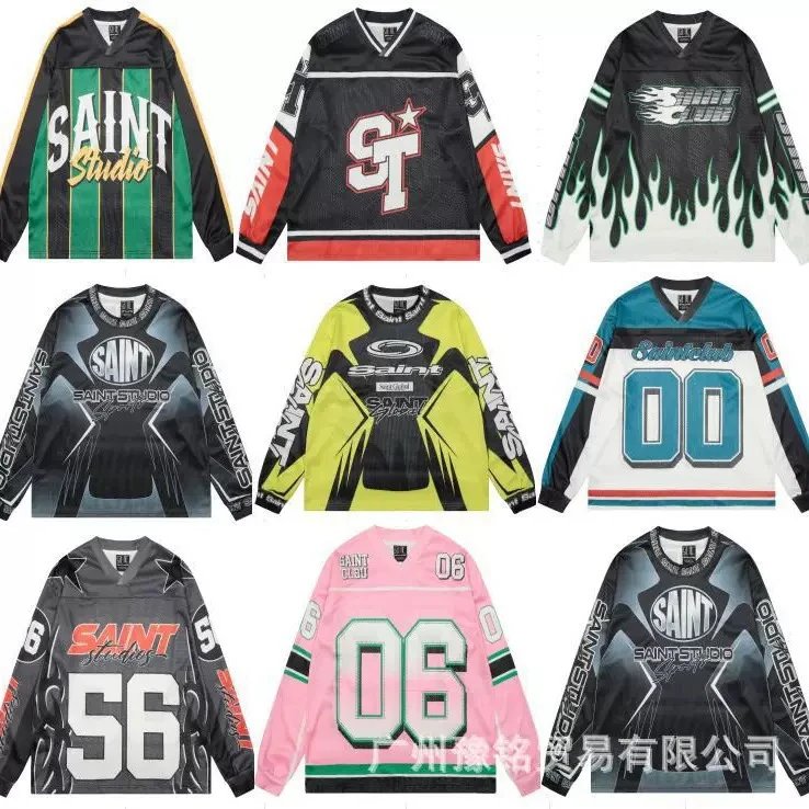 SAINT MICHAEL CHO美式街头潮牌印花网眼拼接长袖男女情侣上衣秋 - 135189