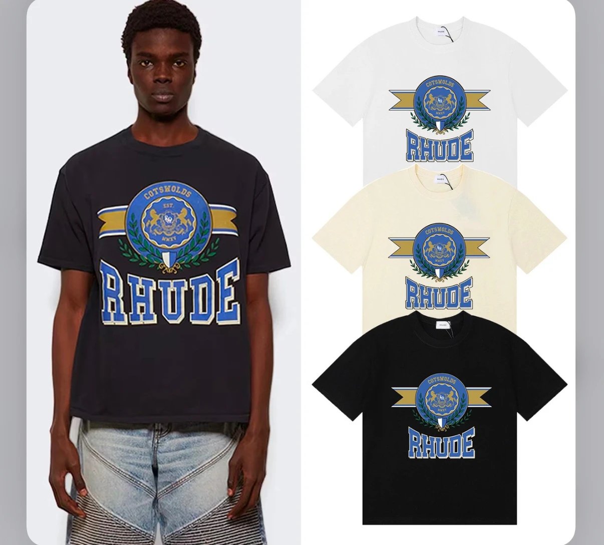 美潮Rhude Crest-print齿痕印花高品质双纱重磅休闲短袖T恤男女潮 - 134886