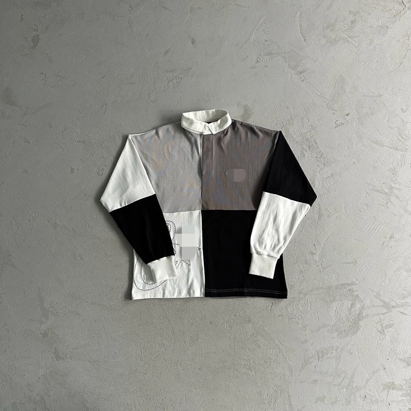 49¥ Color Block Polo Long Sleeve Shirt-Black Gray