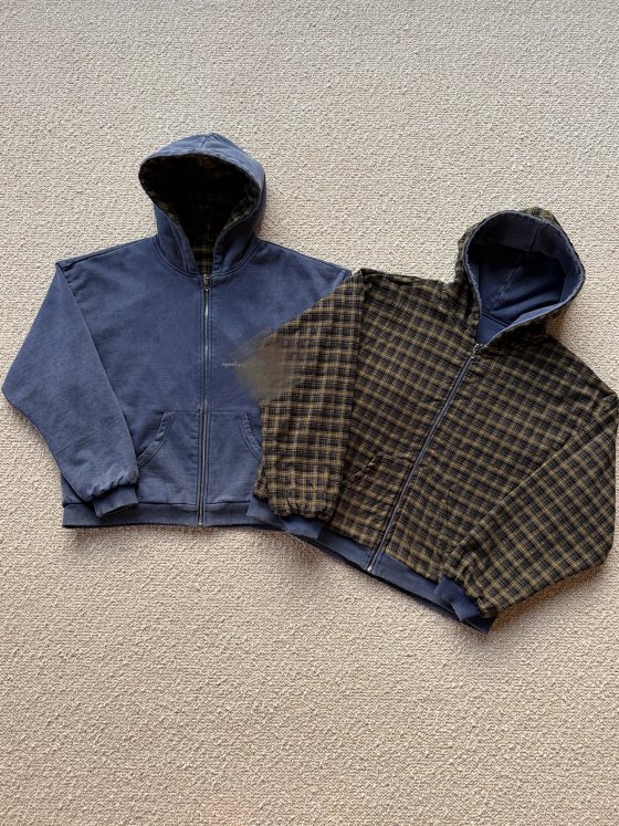EXPLORER 05 Double-Sided Washable Plaid Zip-Up Shirt Navy + Yellow Plaid
