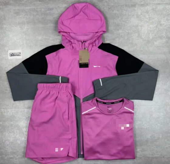 Running Sportswear Three-Piece Set - Pink & Gray Color Block, Brand New with Tags, Top + Shorts + T-Shirt, High-Quality Edition nk miller