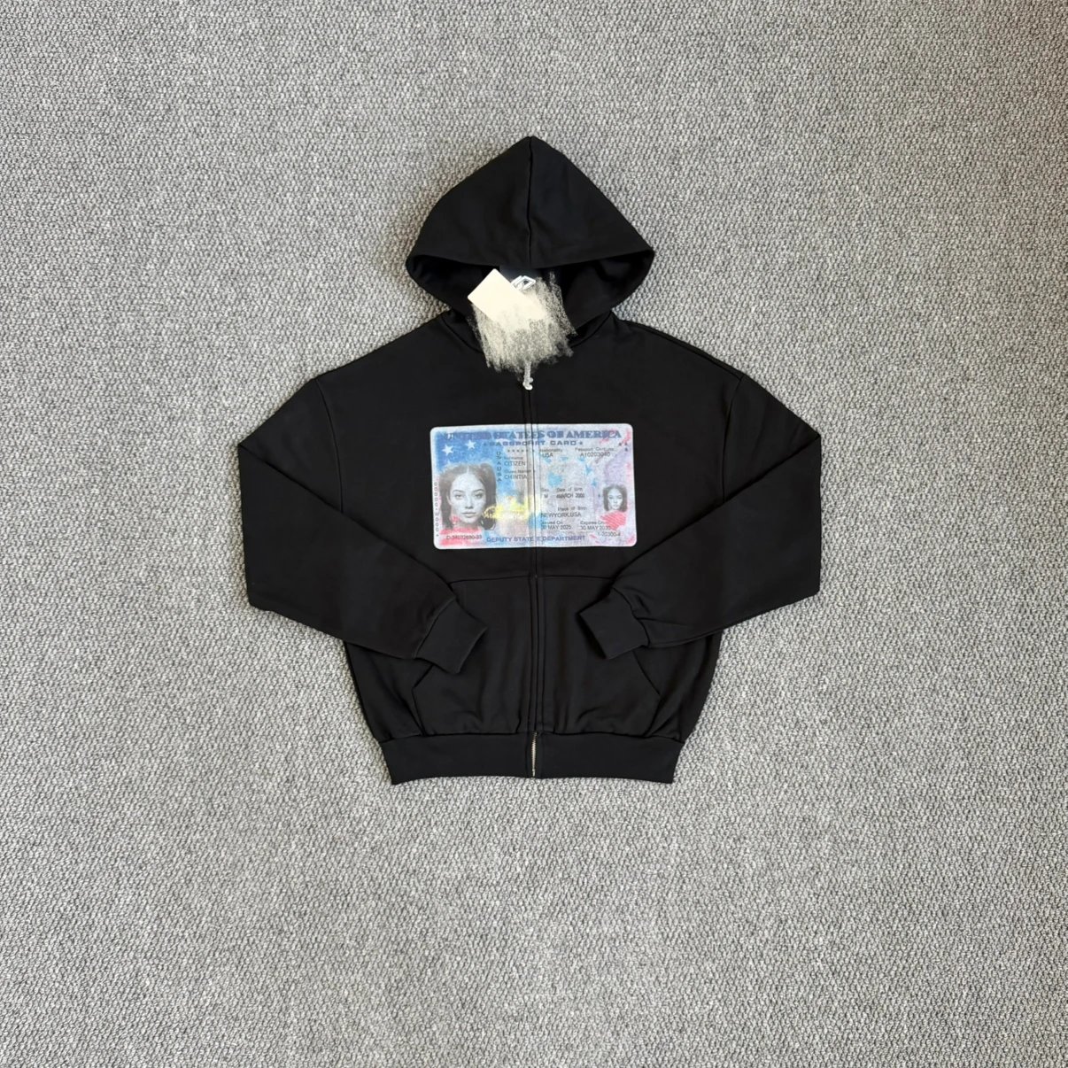 Black Zip-Up Hoodie with ID Card Print Graphic Streetwear