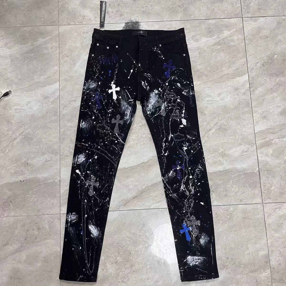 In Stock 2026 Spring Black Casual Luxury Design Jeans with Ink Splatter Graffiti Slim Fit High-Street Fashion Long Pants