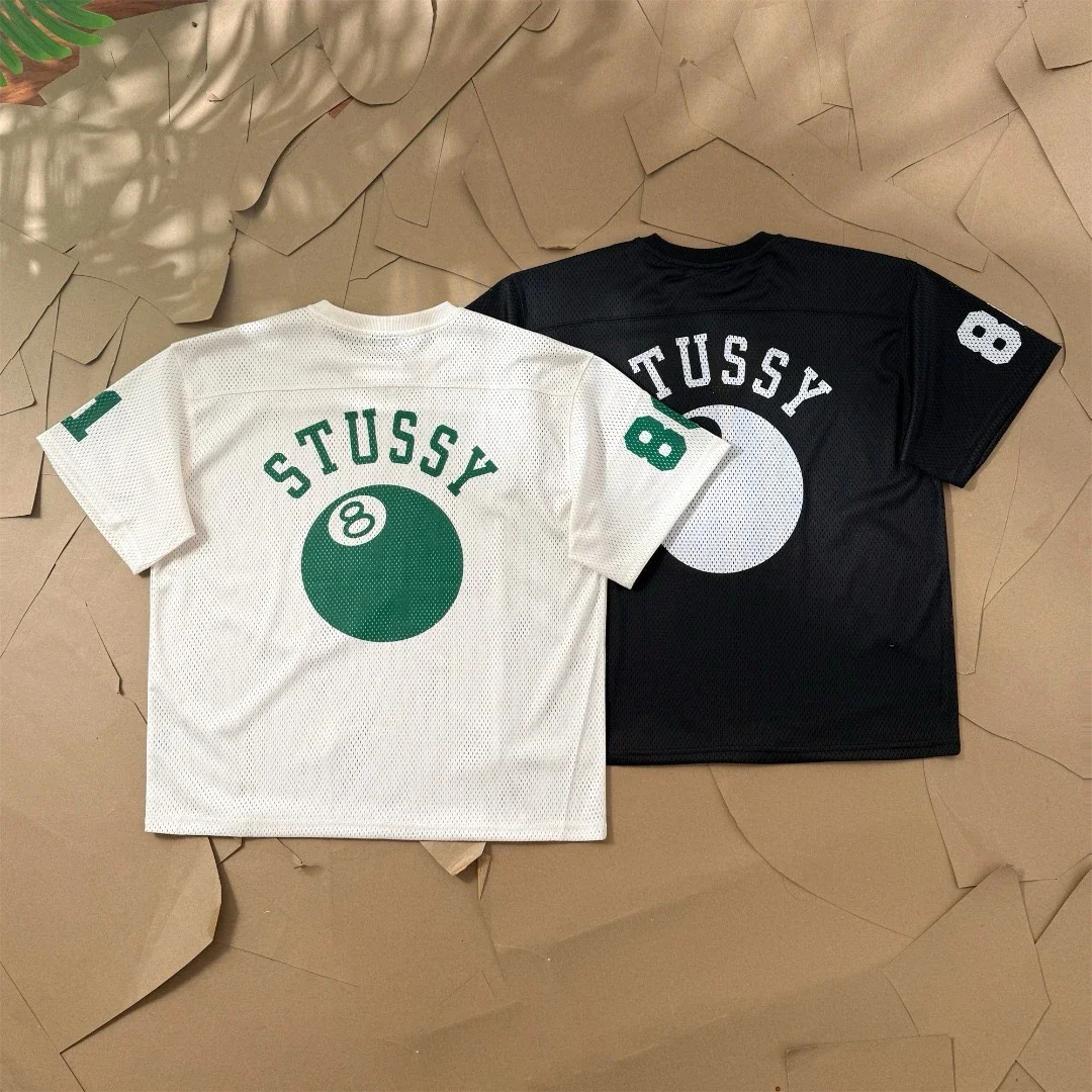 Original production of Stussy Summer Sports Black Eight-Ball Series Mesh Printed Round Neck Pullover