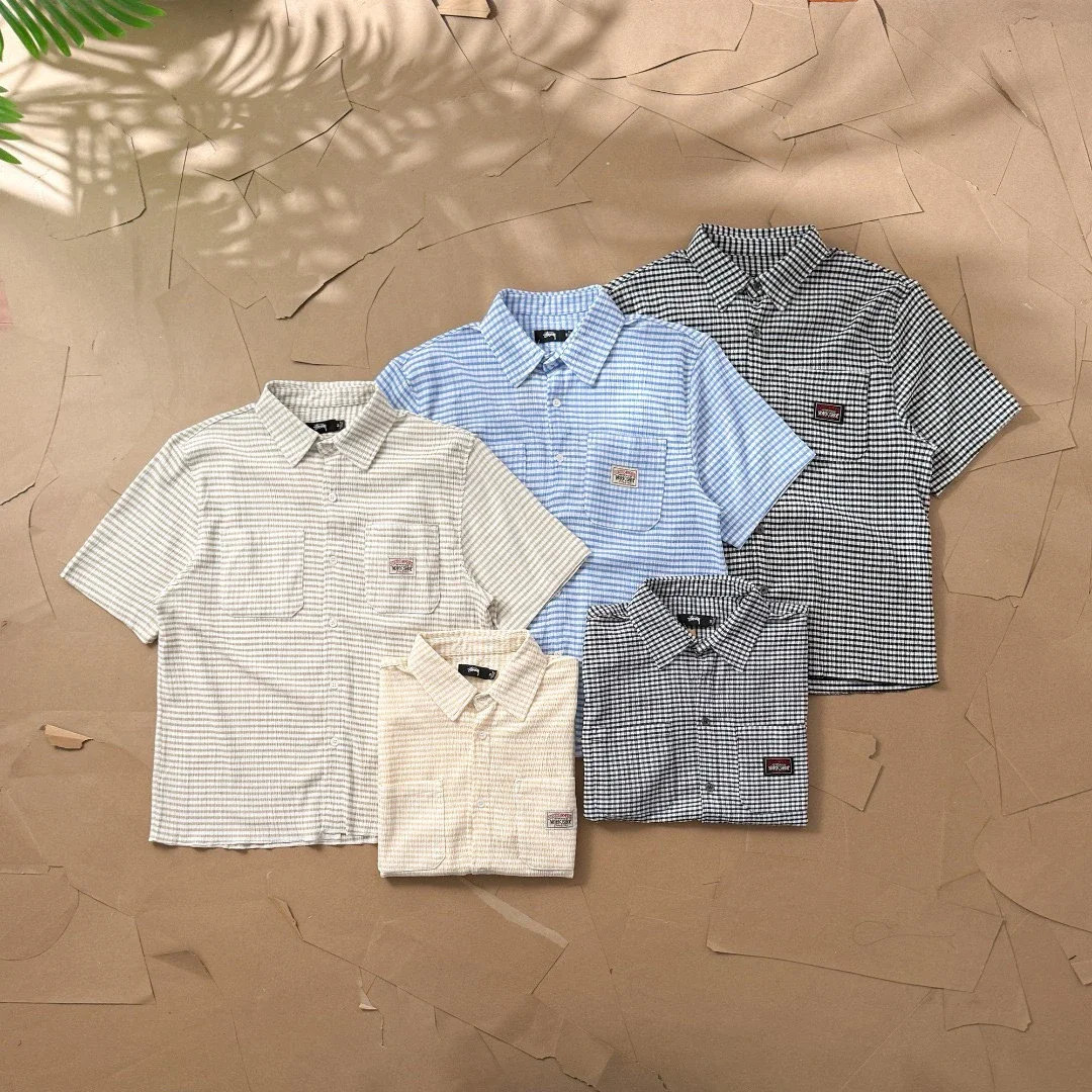 Original production Stussy Stussy label logo pleated plaid short-sleeved shirt, same style for men a