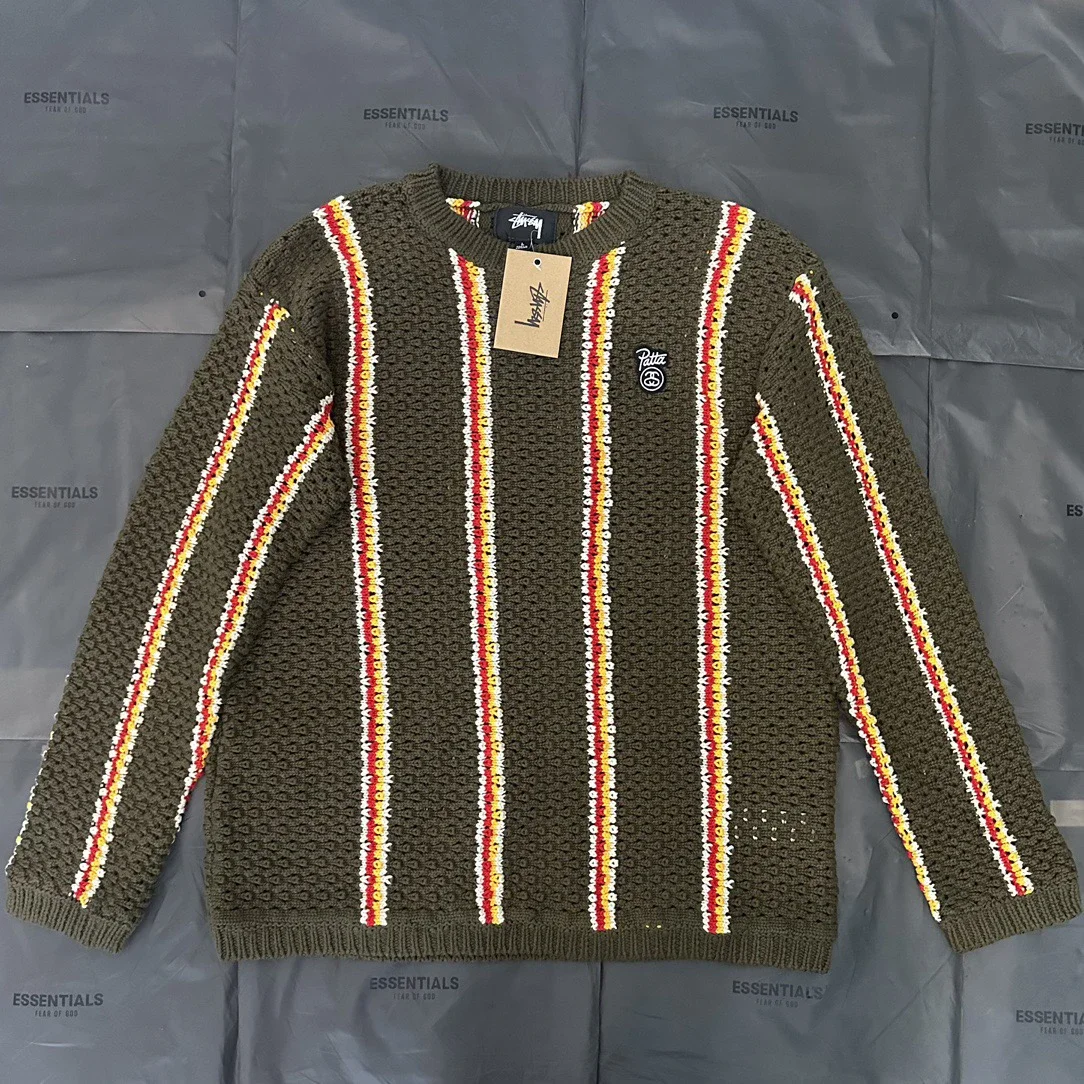 ** Stussy x Patta joint model SS24 logo patch striped loose crew neck sweater, s
