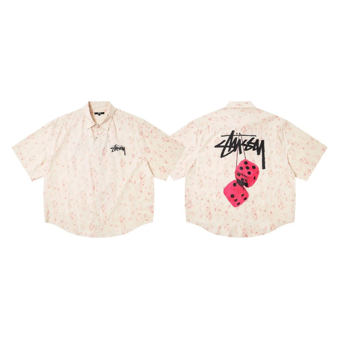 25SS Stussy Stussy dice series Fuzzy Dice Tee pattern printed American retro lapel tie-dyed short-sl