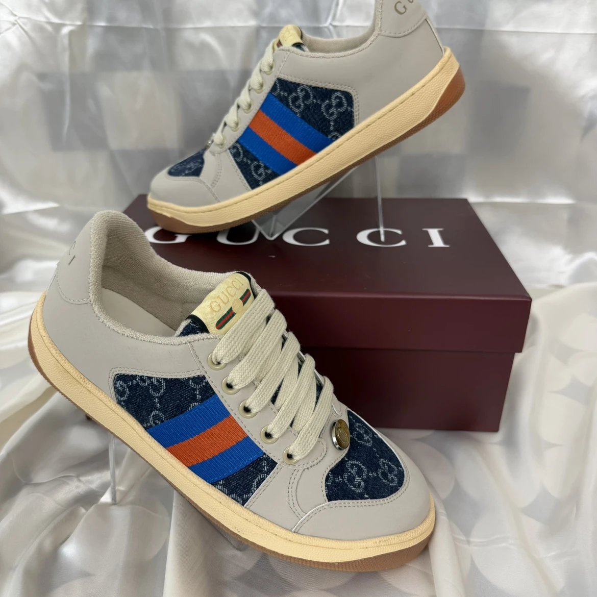 ✨广东高版本 现货实拍图 全国顺丰包邮 古驰Screener denim系列 Gucci 小脏鞋 脏脏鞋 休闲鞋 板鞋 运动鞋 乳胶鞋垫 全头层磨砂 男女同款 深蓝双g