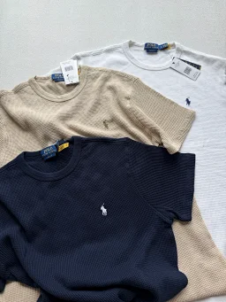 thumbnail for 985 This style is available through distributors with no after-sales service (in stock) Pony Tricolor Waffle Short Sleeve, textured texture, classic fit, bouncy fabric, soft and glutinous touch, imported Tajima embroidery
