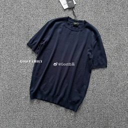 thumbnail for God Luxury Trend GODFAMILY | FD Deep Blue Cashmere Cotton Blend Chest Embroidery Short-Sleeve Knit T-Shirt