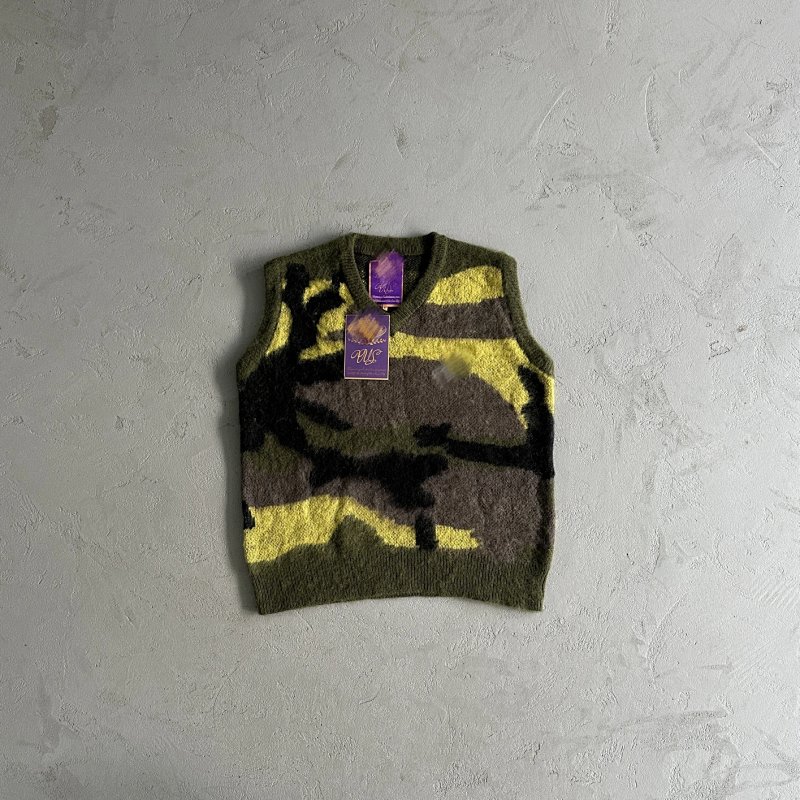 59¥ Mohair Knit Green Yellow Brown Camo Sweater Vest