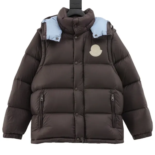 Moncler Maya Down Jacket Brown with Light Blue Hood Trim - 1