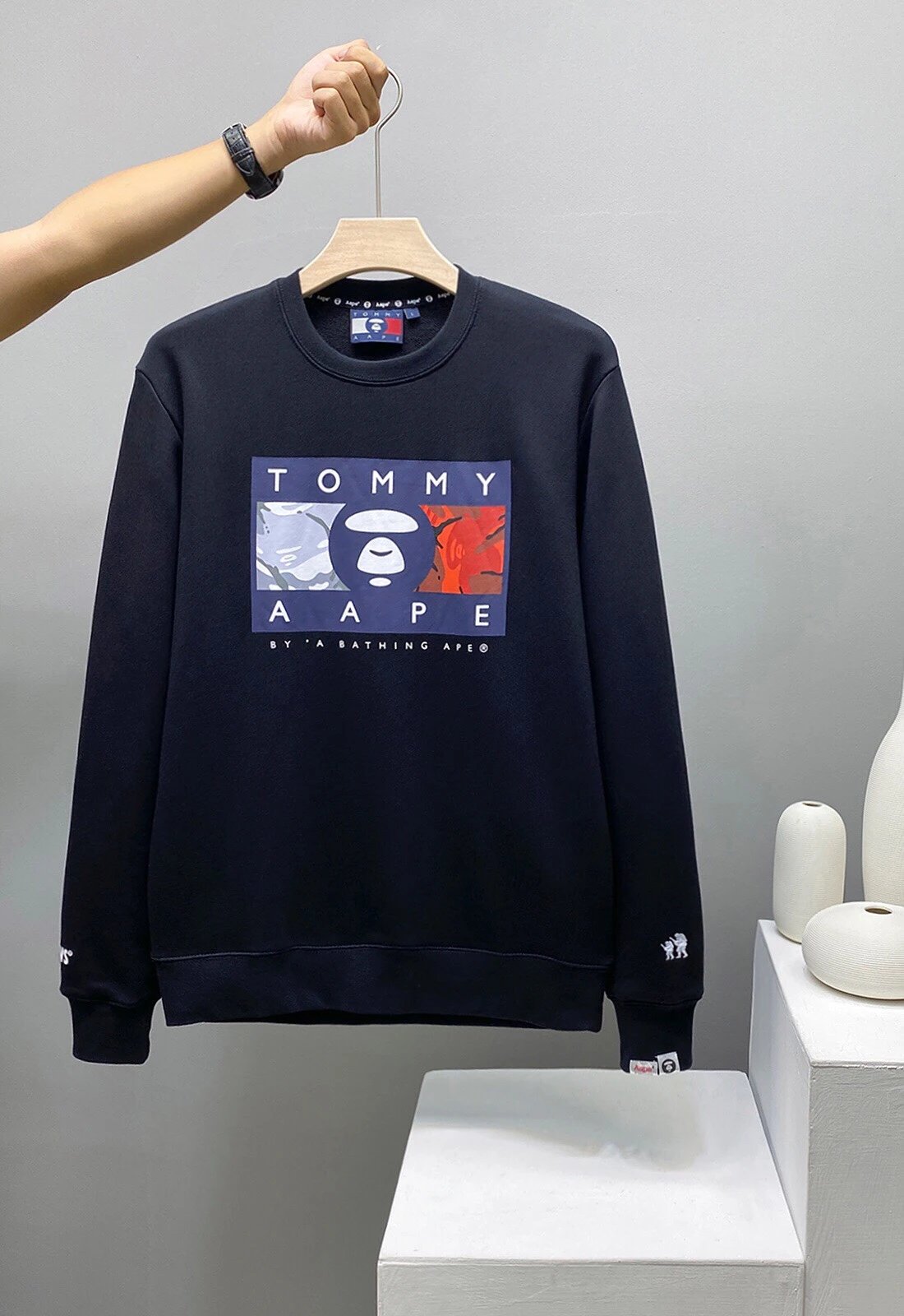 71412 Aape souvenir TMJEANS x AAPE camouflage ape face letter print color clash round neck sweatshirt