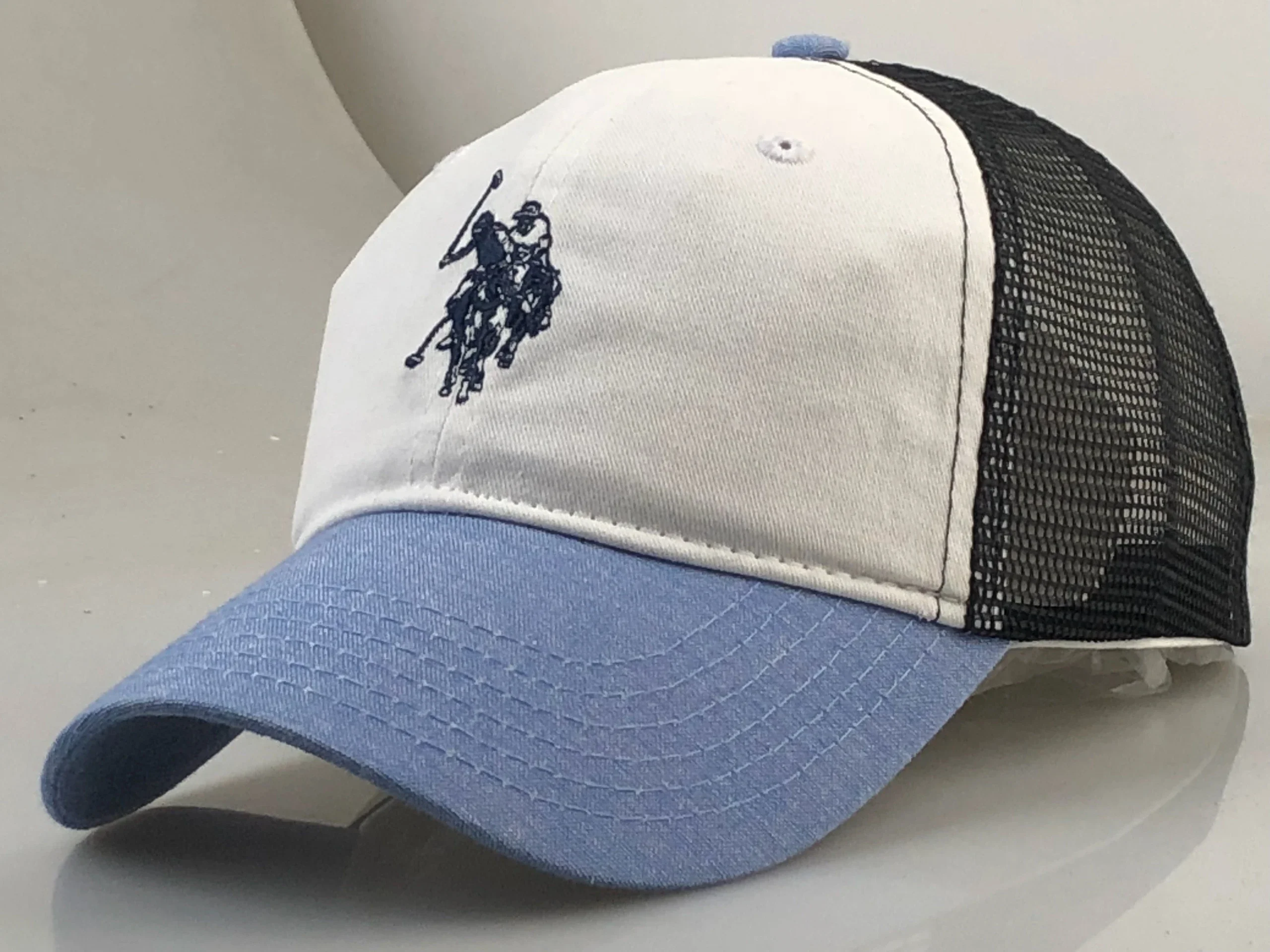 孤品美式保罗棒球帽简洁时尚白蓝拼色鸭舌帽网眼透气帽子春夏户外百搭男女帽子个性usa Polo帽子出游必备