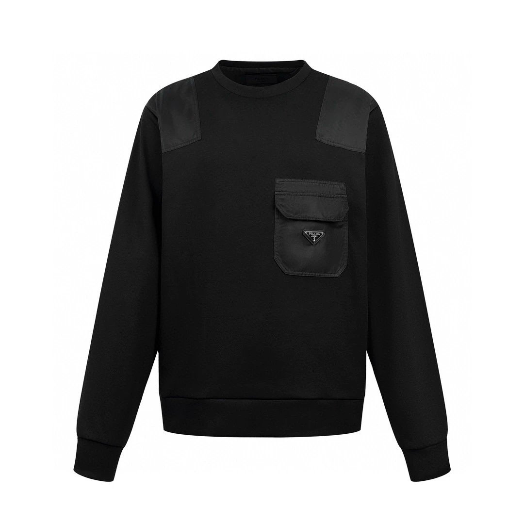 Prada Men's Crewneck Sweatshirt 2025 Fall/Winter New Style 350g Combed Cotton with Cargo Pockets (Real Pockets) Oversized Loose Fit Casual Streetwear Trendy High Quality