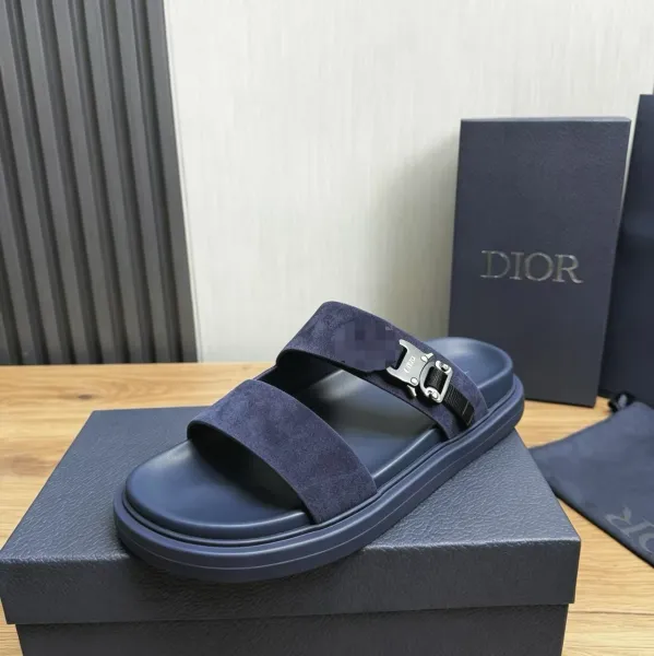 Dior Slide Sandals Navy Suede with Metal Buckle - 1
