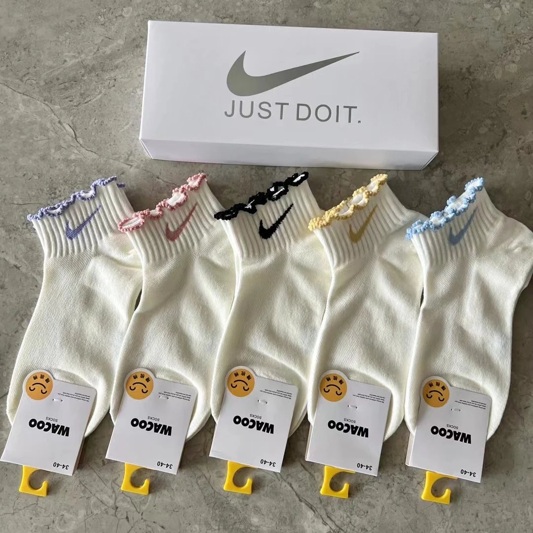 （5双的价格）盒装NIKE袜子耐克袜子女士潮袜双钩短袜浅口低帮袜子拼接撞色拼色袜子女袜纯棉袜子全棉运动袜休闲袜
