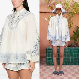 thumbnail for Alemais Loose Linen Lantern Long Sleeve Shirt Villa Top & Shorts Set