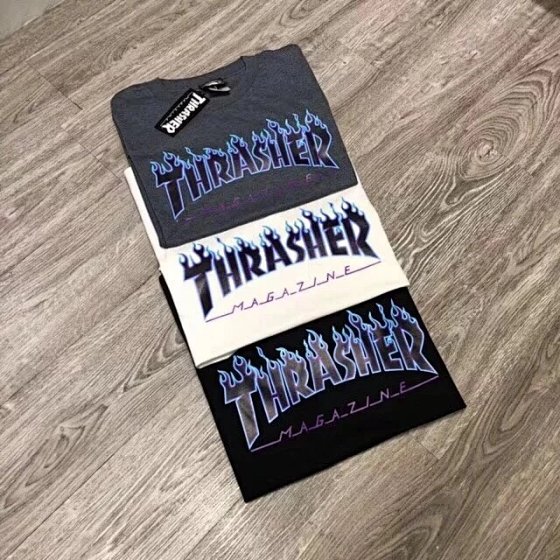 Thrasher Classic Hemp Grey Short Sleeve T-Shirt with Purple Blue Flame
