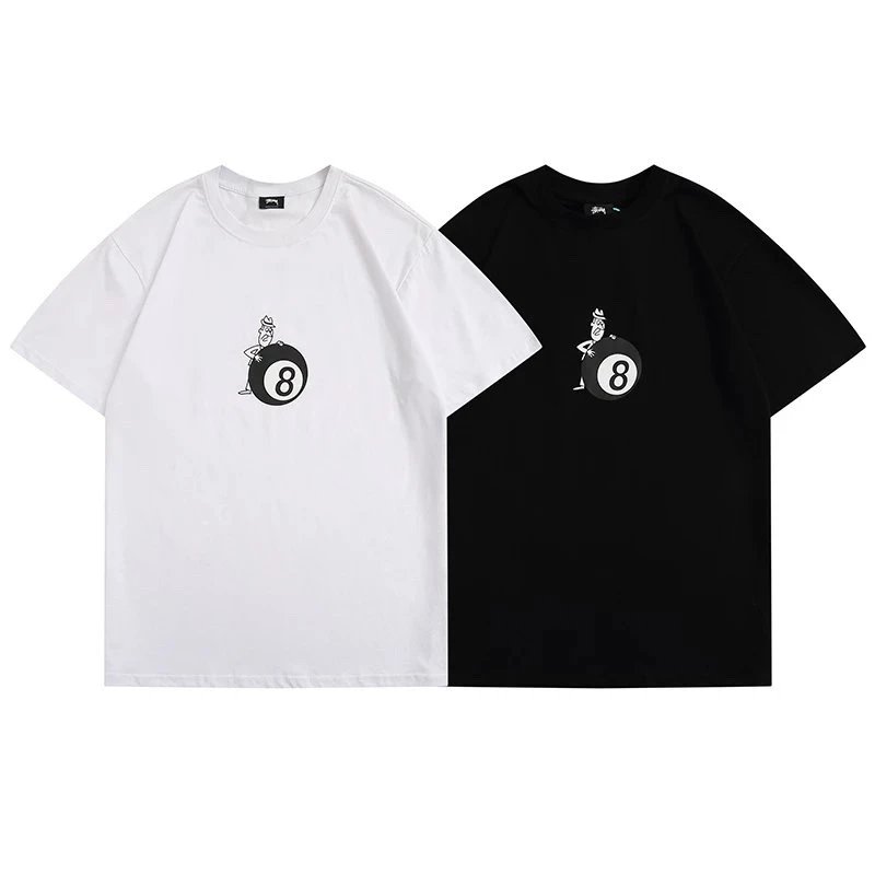 Stussy Classic Cartoon Black 8 Couple's Cotton Loose Short sleeved T-shirt Couple's Style