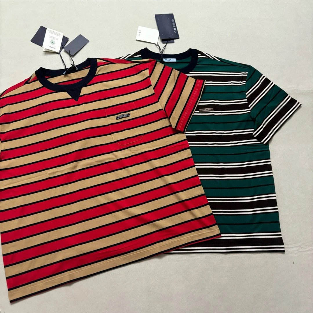 Striped Pocket Letter Round Neck Short Sleeve