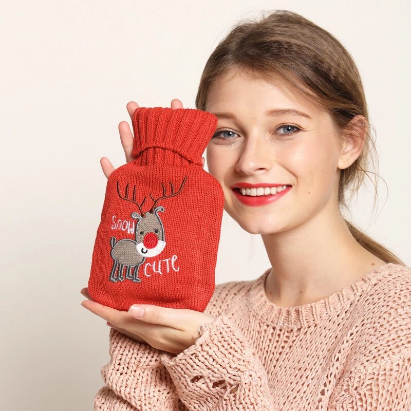 New Year Knitted Hot Water Bottle Cozy Hand Warmer Red Knit Thermal Bag Christmas Gift Cute Cartoon Hot Water Bag for Women