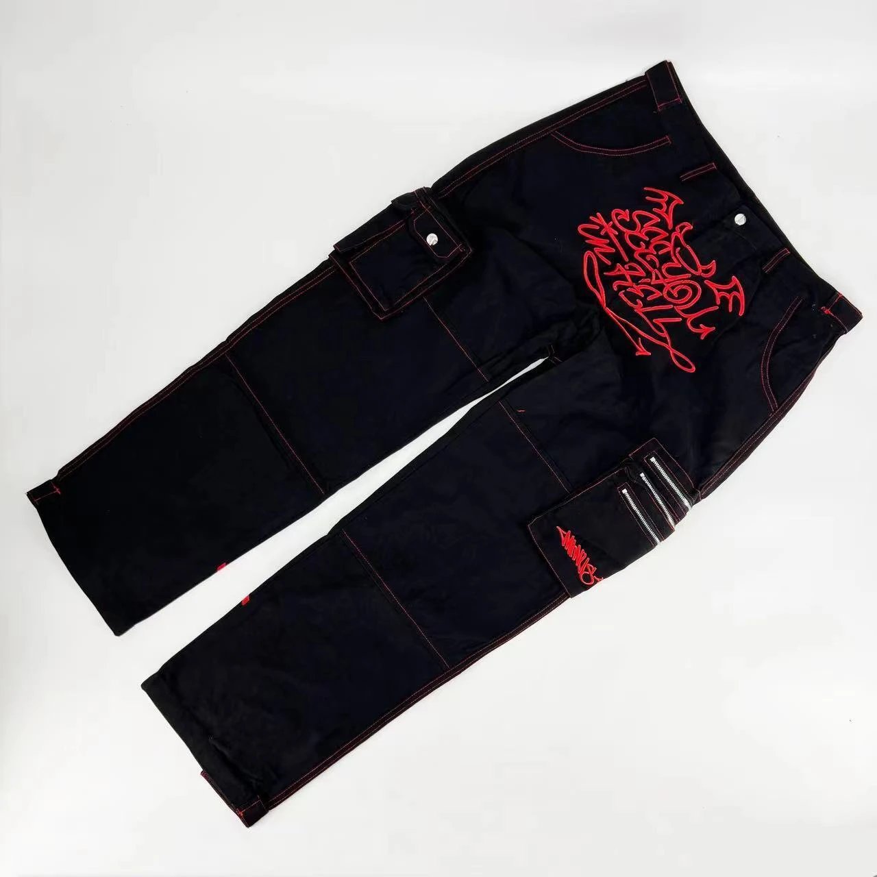 Minustwo Devil cargo pants black and white two tone devil embroidery work pants
