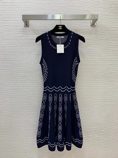 SANDR * O Fashionable Retro Jacquard Waist for Slimming and Large Swing Sleeveless Tank Top Knitted Dress! Navy blue, 𝑺𝑴𝑳𝑿𝑳 (M size: bust 72, waist 62, skirt length 89)