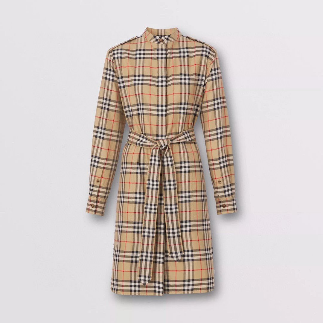 B Ace Channel 22SS Official New Plaid Cotton Poplin Belted Shirt Dress (with packaging), released simultaneously on the official website, counter price over 8,000, super high-end and elegant dark birch brown large plaid style