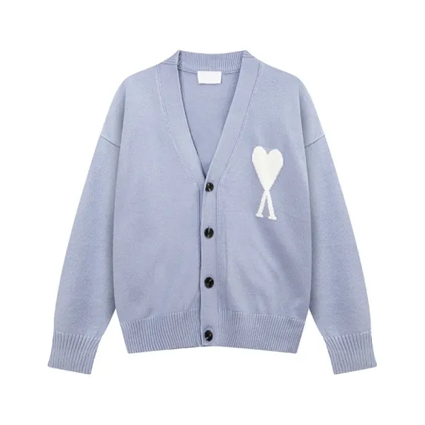 Ami Paris Heart Logo Light Blue Knit Cardigan - 1