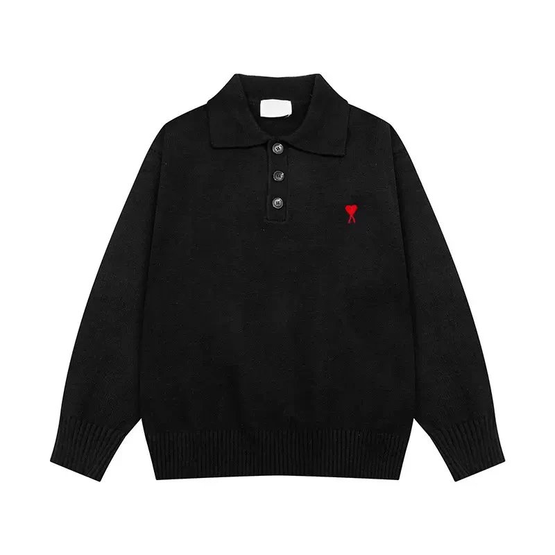 Ami Paris Heart Logo Knit Polo Navy Sweater - 3